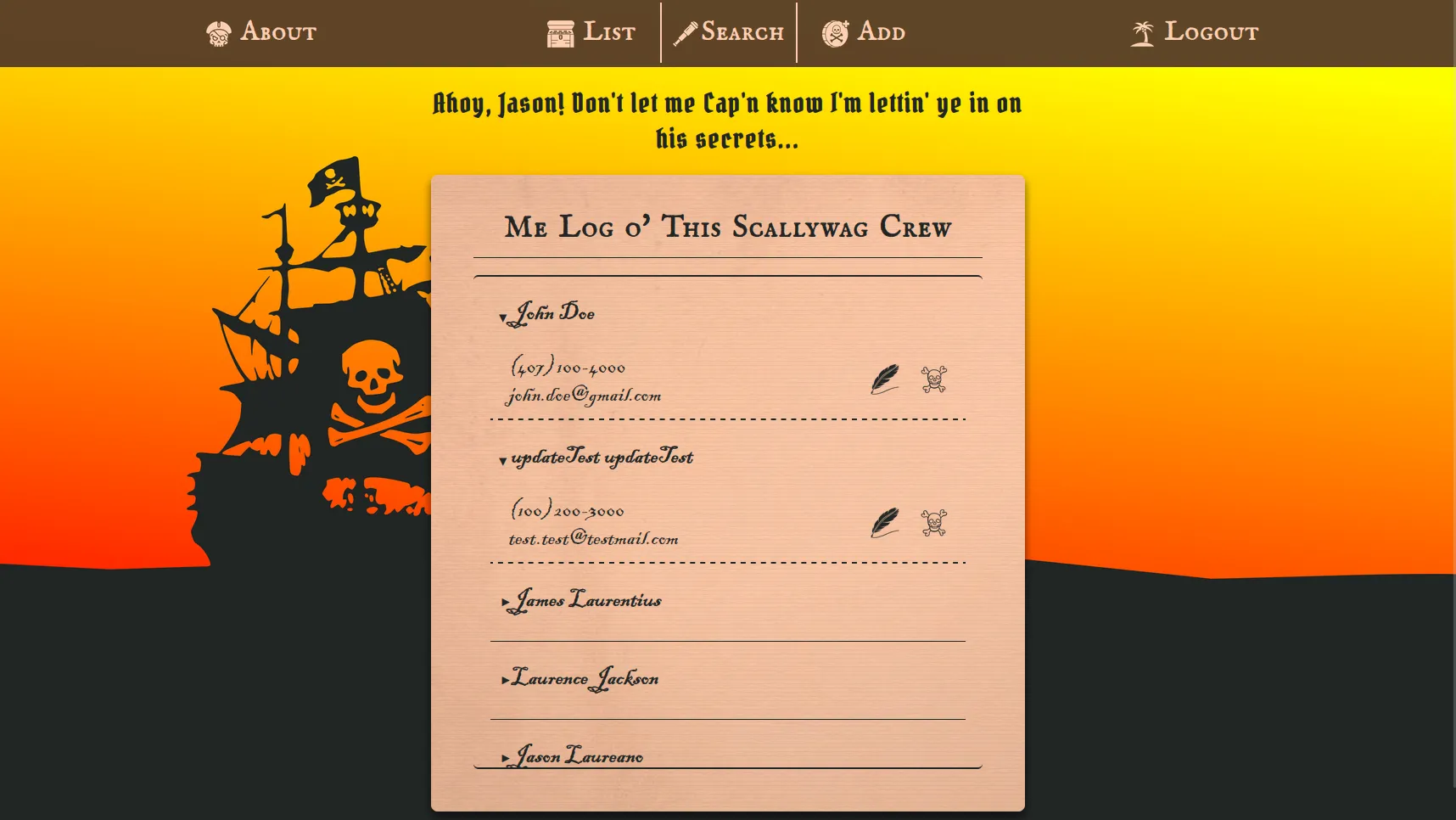 Screenshot of The Capn's Log contact page with two open contacts