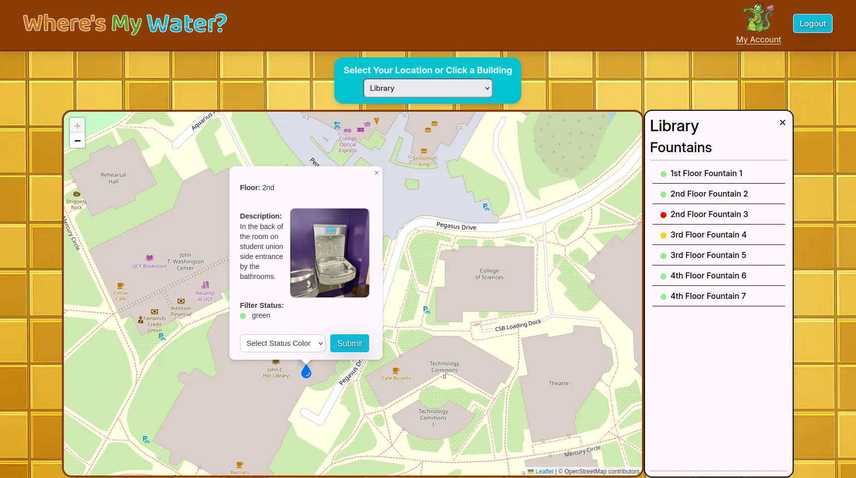 Screenshot of Where's My Water home page with a sink selected, and its location and quality rating
